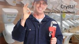  Presentation with plumbing - Slide set with pipe wrench over plumbing tools background and a coral colored foreground