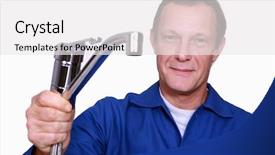  Presentation with plumber - Presentation having plumber holding tap background and a white colored foreground