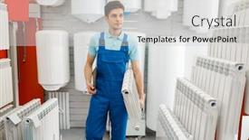  Presentation with heating ventilation - PPT layouts featuring plumber-holds-heating-radiator-plumbering background and a light gray colored foreground