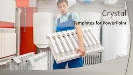  Presentation with water - Audience pleasing theme consisting of plumber-holds-water-heating-radiator backdrop and a light gray colored foreground