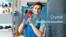  Presentation with water pump - Slides featuring plumber-holds-water-pump-plumbering background and a ocean colored foreground