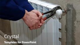  Presentation with plumber - PPT theme having plumber-in-a-blue-jumpsuit background and a dark gray colored foreground