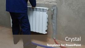  Presentation with plumber - PPT theme consisting of plumber-in-a-blue-jumpsuit background and a gray colored foreground