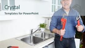  Presentation with foreman - Slides having plumber in kitchen with a wrench foreman background and a sky blue colored foreground