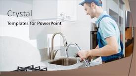  Presentation with plumber - Presentation theme featuring plumber-in-uniform-changes-faucet background and a sky blue colored foreground