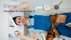  Presentation with drain - Colorful presentation enhanced with plumber-in-uniform-installing-drain backdrop and a light gray colored foreground