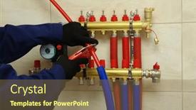  Presentation with pipes - PPT theme with plumber-installing-collector-and-plastic background and a violet colored foreground