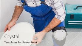  Presentation with lid - PPT theme consisting of plumber installing lid on toilet in the bathroom background and a sky blue colored foreground