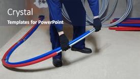  Presentation with water pipes - Presentation theme having plumber-installing-plastic-pipes-doing background and a navy blue colored foreground