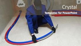  Presentation with water pipes - Presentation enhanced with plumber-installing-plastic-pipes-doing background and a gray colored foreground