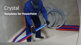  Presentation with systems - PPT theme featuring plumber-installing-plastic-pipes-doing background and a navy blue colored foreground