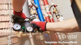  Presentation with water meter - Beautiful presentation theme featuring plumber-installing-water-equipment-meter backdrop and a coral colored foreground