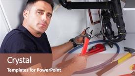  Presentation with plumbing - Beautiful PPT theme featuring plumber man with tools in the kitchen plumbing and renovation backdrop and a coral colored foreground