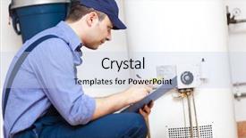  Presentation with save water shower head - PPT layouts having plumber repairing an hot-water background and a light blue colored foreground