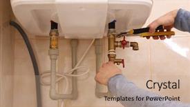  Presentation with plumber - Beautiful presentation design featuring plumber repairing boiler in bathroom backdrop and a coral colored foreground