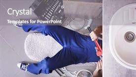  Presentation with pipes - Cool new PPT layouts with plumber repairing sink pipes backdrop and a gray colored foreground