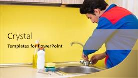  Presentation with plumber - Colorful presentation theme enhanced with plumber repairing tap at kitchen backdrop and a yellow colored foreground