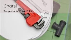  Presentation with lid - Presentation theme with plumber's tools on toilet seat lid indoors background and a soft green colored foreground