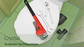  Presentation with lid - Audience pleasing presentation design consisting of plumber's tools on toilet seat lid indoors backdrop and a seafoam green colored foreground