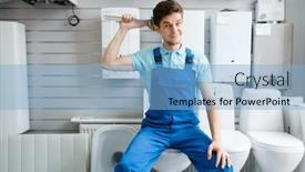  Presentation with toilet - Beautiful presentation theme featuring plumber-sitting-on-toilet backdrop and a light blue colored foreground