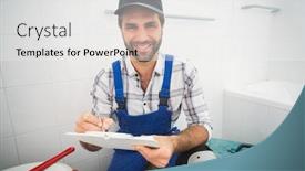  Presentation with taking notes - PPT theme enhanced with plumber taking notes on clipboard in the bathroom background and a white colored foreground