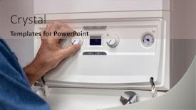  Presentation with boiler - Slide set having plumber-technician-servicing-or-repairing background and a coral colored foreground