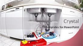  Presentation with plumbing - Colorful PPT theme enhanced with plumber tools on the kitchen plumbing and renovation background backdrop and a light gray colored foreground