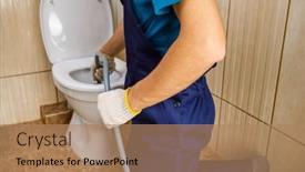  Presentation with home cleaning service - PPT theme consisting of plumber-unclogging-blocked-toilet background and a coral colored foreground
