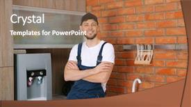  Presentation with plumber - PPT theme with plumber with crossed arms standing at kitchen background and a coral colored foreground