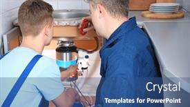  Presentation with plumber - Presentation theme featuring plumber with young trainee repairing sink in kitchen background and a ocean colored foreground