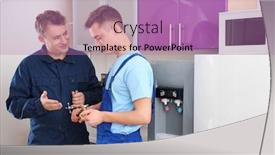  Presentation with plumber - Audience pleasing presentation theme consisting of plumber with young trainee in kitchen backdrop and a coral colored foreground