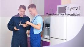  Presentation with plumber - Colorful PPT theme enhanced with plumber with young trainee in kitchen backdrop and a light blue colored foreground
