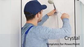  Presentation with babies shower - PPT layouts having plumber working in shower stall background and a light blue colored foreground