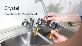  Presentation with water tap - Beautiful presentation design featuring plumbing services - hands of professional plumber backdrop and a sky blue colored foreground