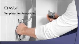  Presentation with flexible - PPT theme featuring plumbing services - male hands fixing flexible hose background and a light gray colored foreground