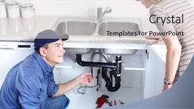  Presentation with plumbing - Presentation theme enhanced with plumbing services - mature plumber fixing a sink background and a lemonade colored foreground