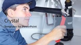  Presentation with plumber - Colorful PPT layouts enhanced with plumbing services - mature plumber fixing a sink backdrop and a light blue colored foreground