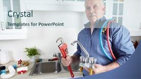  Presentation with foreman - PPT theme enhanced with plumbing services - plumber in kitchen background and a sky blue colored foreground