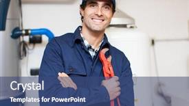  Presentation with plumbing - Cool new slides with plumbing services - smiling technician repairing an hot-water backdrop and a ocean colored foreground