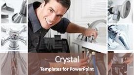  Presentation with plumbing - Colorful PPT theme enhanced with plumbing services - young plumber fixing a bath backdrop and a violet colored foreground