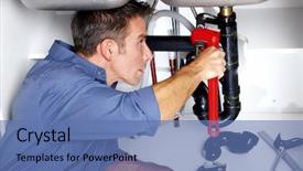  Presentation with kitchen sink splash - Audience pleasing theme consisting of plumbing services - young smiling plumber fixing backdrop and a teal colored foreground