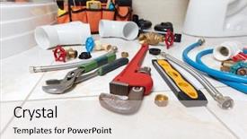  Presentation with plumbing - Beautiful slide set featuring plumbing tools in the bathroom backdrop and a light gray colored foreground