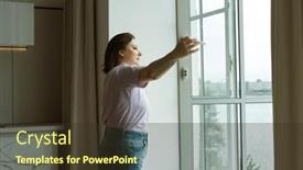  Presentation with lifestyle - PPT layouts featuring plump-woman-opens-the-window background and a tawny brown colored foreground
