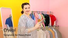  Presentation with credit card - Slides having plus - beautiful stylish overweight woman background and a coral colored foreground