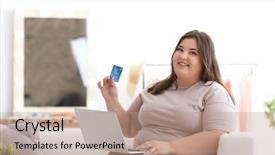  Presentation with credit card - Slides with retail network - beautiful overweight woman with laptop background and a coral colored foreground