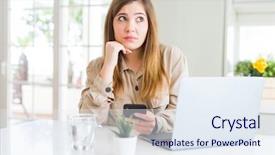  Presentation with questions question marks idea - Slide deck having trusted computing - beautiful young woman using smartphone background and a sky blue colored foreground