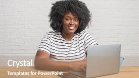  Presentation with african american in computer - Theme with woman sitting on the table background and a coral colored foreground
