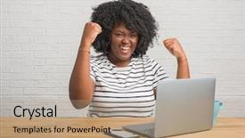  Presentation with proud american - Amazing slide deck having young african american woman sitting on the table using computer laptop screaming proud and celebrating victory and success very excited cheering emotion backdrop and a coral colored foreground