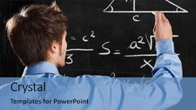  Presentation with education complex math formulas - Cool new PPT theme with plus minus - man writing math formulas backdrop and a teal colored foreground
