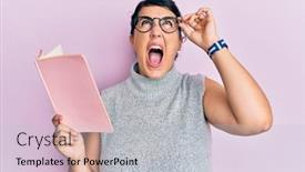  Presentation with book glasses - Slide deck enhanced with plus-size-brunette-woman-reading background and a light gray colored foreground